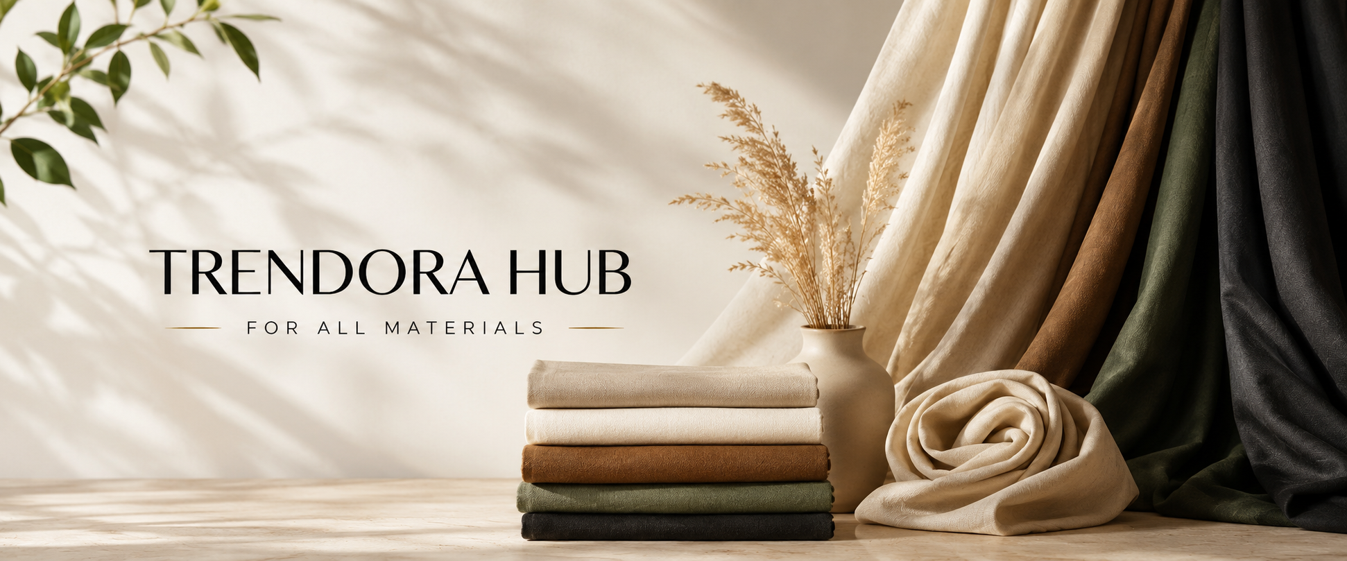 Stack of folded fabric on a neutral background with 'Trendora Hub' branding.