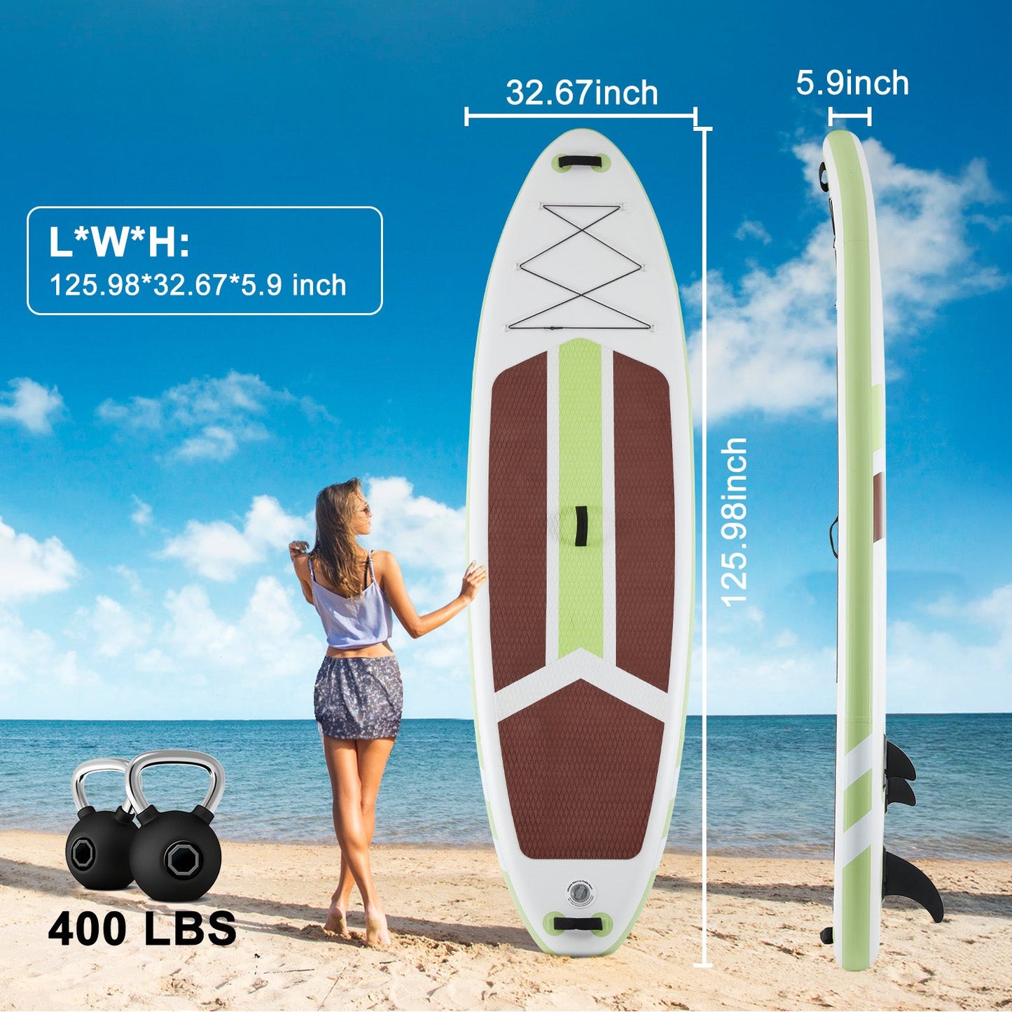 Inflatable stand up paddle board with 400 lbs weight capacity dimensions chart on beach background