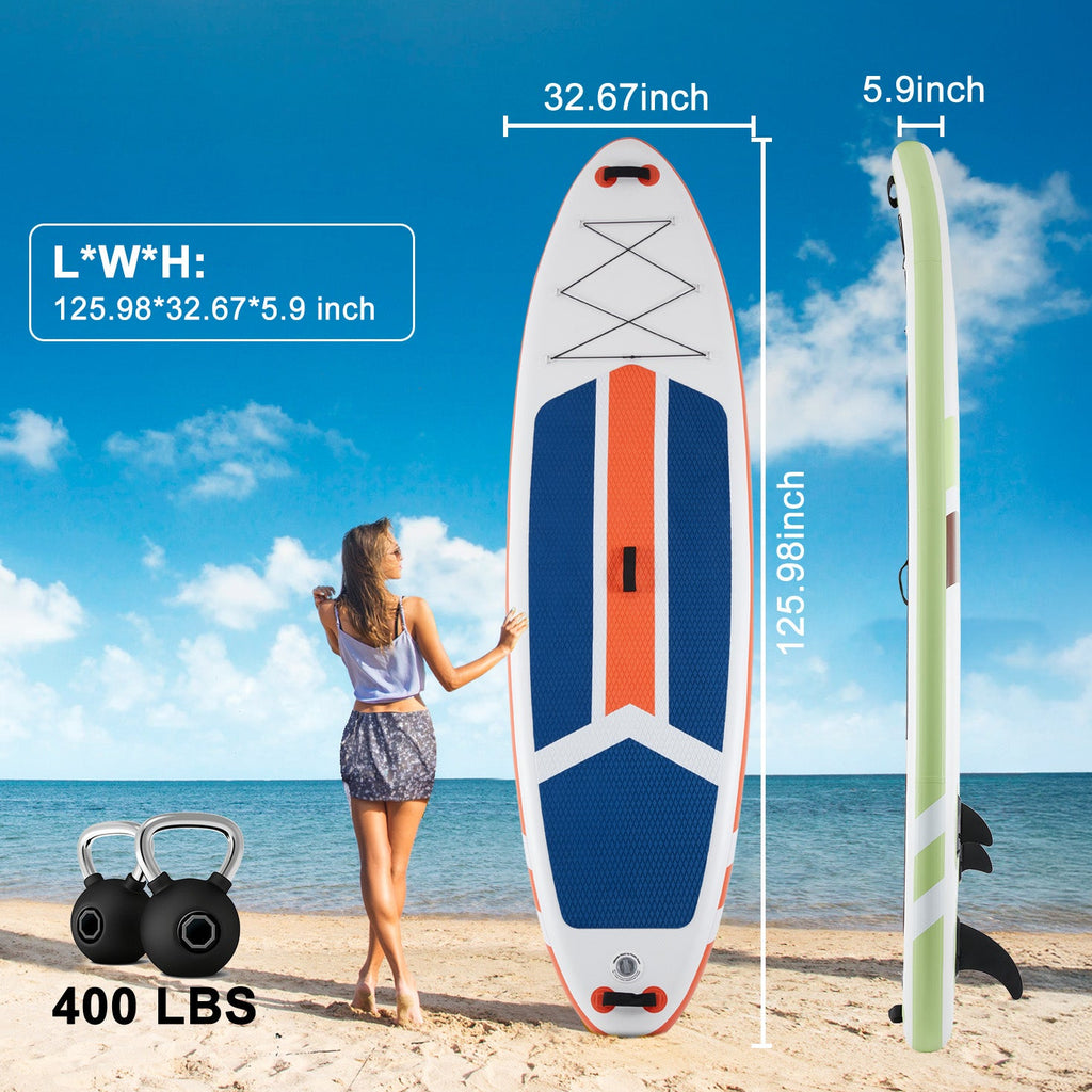 Inflatable stand up paddle board with 400 lbs weight capacity dimensions chart on beach background